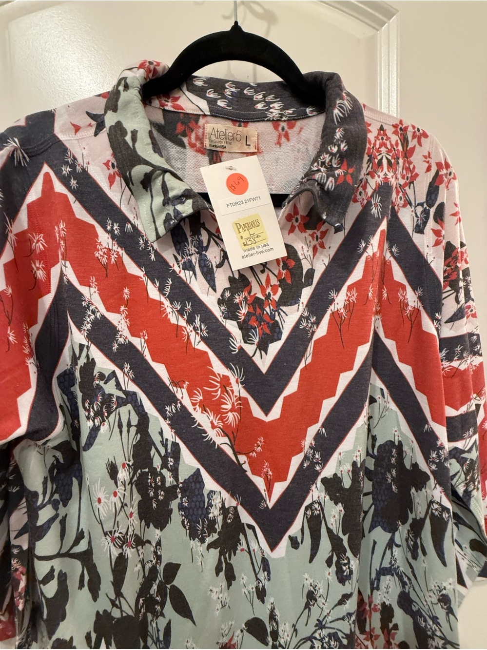 Atelier Sona Floral Chevron Long Sleeve Dress in Red, Navy & Mint - Picture 3 of 5